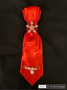 Red Satin Statement Tie with Crystal Brooch